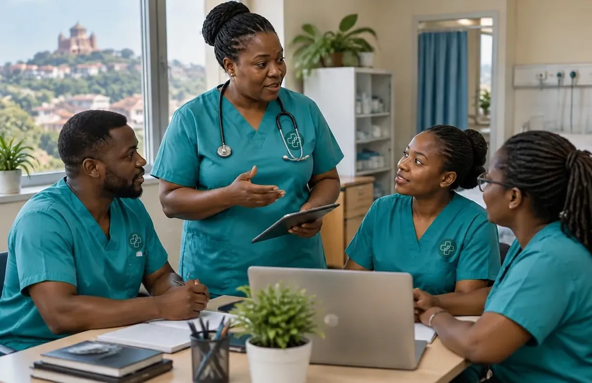 A team of Ghanaian nurses taking part in a clinical care briefing