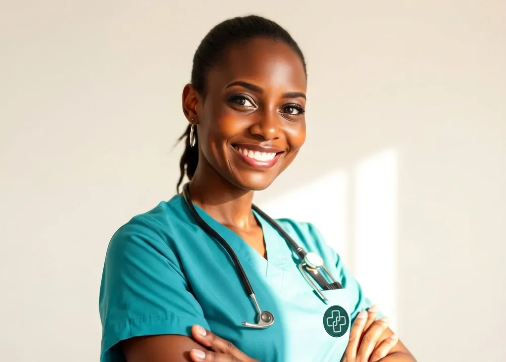A confident Ghanaian registered nurse in teal scrubs
