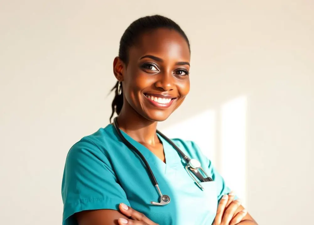 A confident Ghanaian registered nurse in teal scrubs