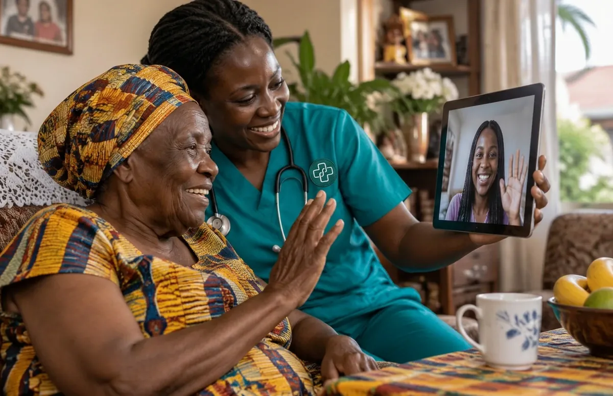 An older Ghanaian woman and her nurse speaking with a family member abroad by video call