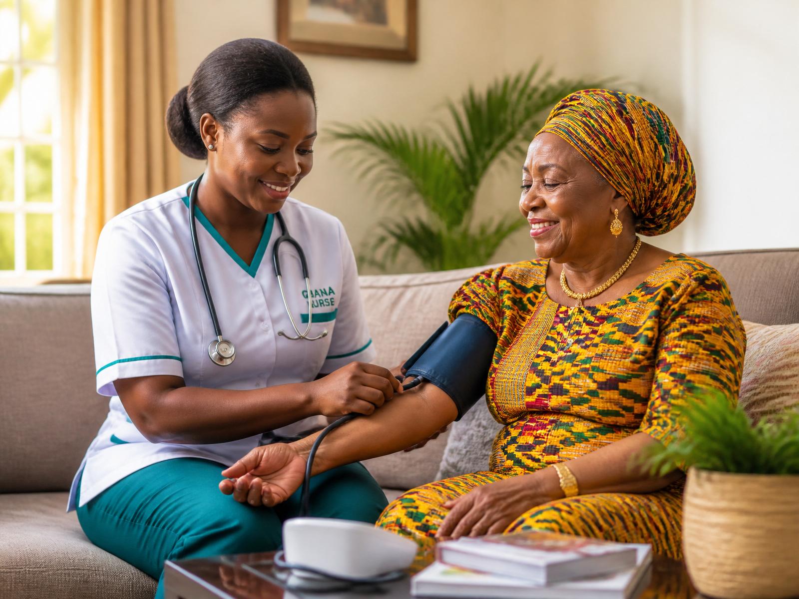 An elderly Ghanaian woman being cared for at home by a professional nurse