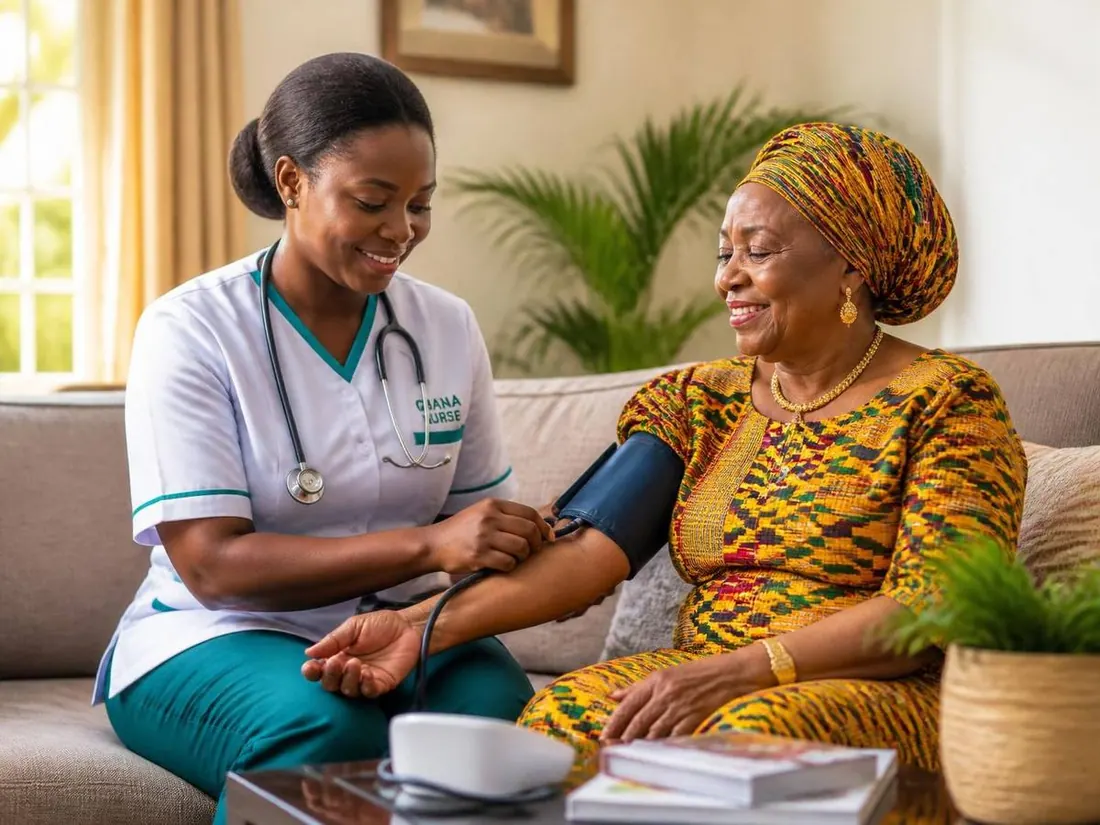 A Ghanaian nurse in scrubs taking an elderly woman's blood pressure in her home