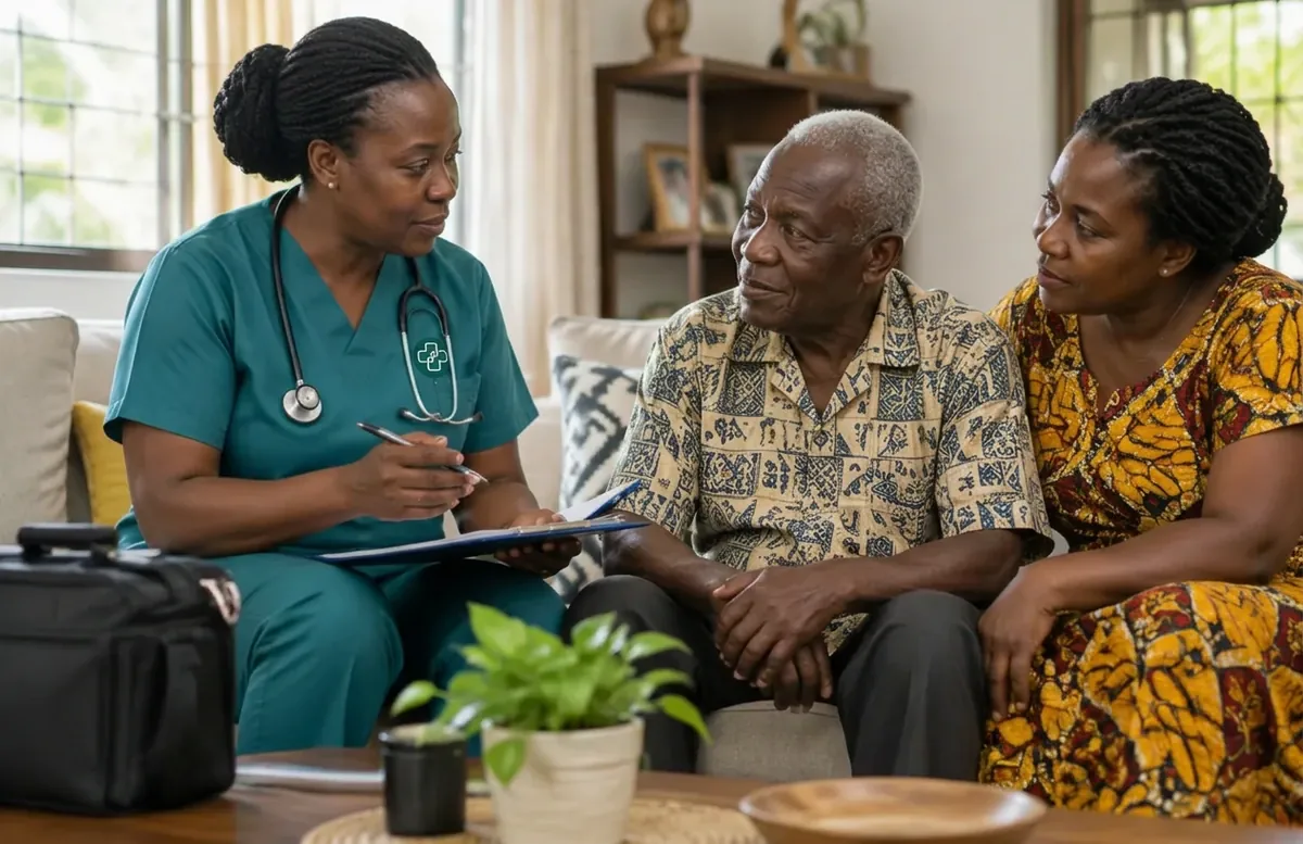 A senior Ghanaian nurse discussing a home care assessment with a patient and family member