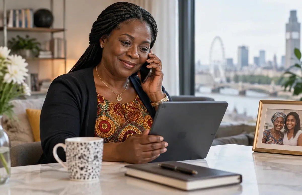 A Ghanaian woman abroad reviewing a family care update while speaking on the phone