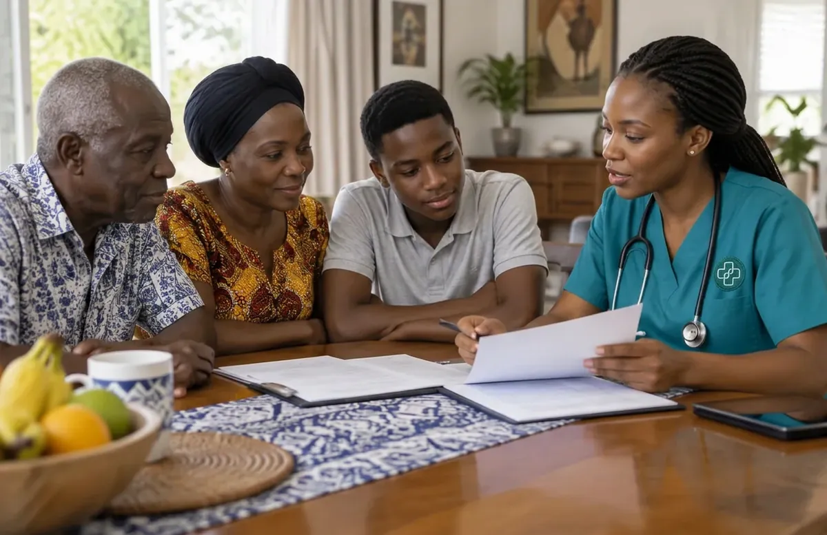 A Ghanaian family discussing a written home care plan with a nurse