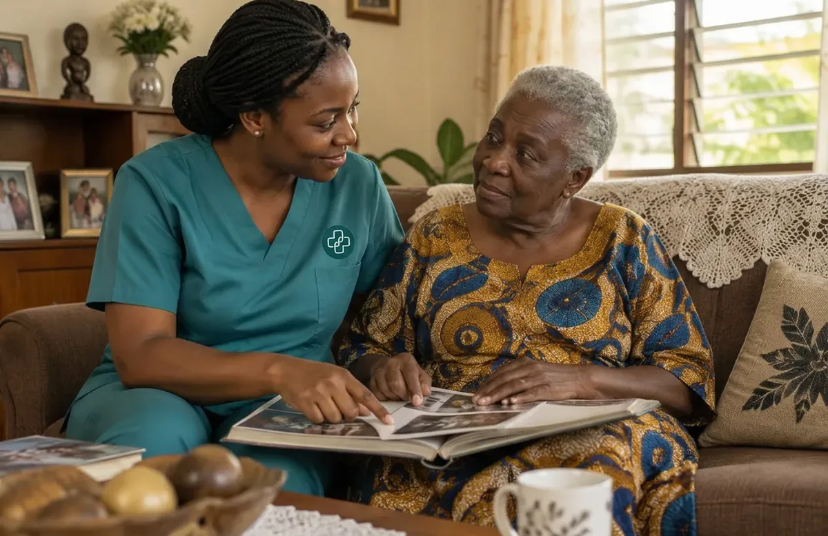 A Ghanaian nurse sharing a family photo album with an older woman at home