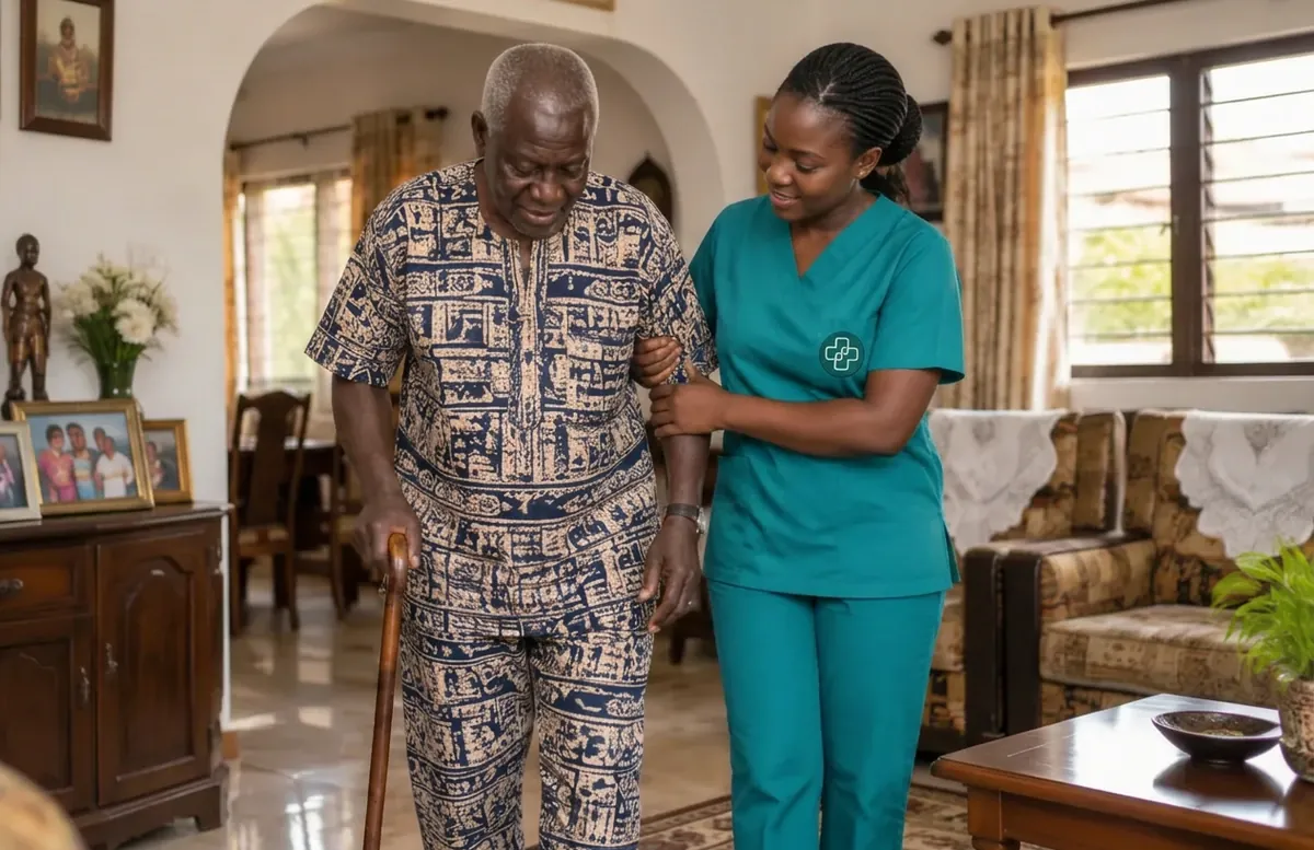 A Ghanaian home care nurse helping an older man walk safely at home