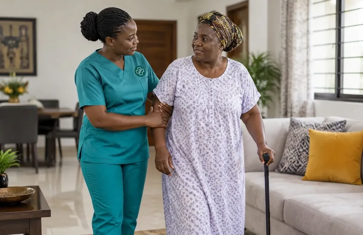 A Ghanaian nurse supporting a patient walking at home after surgery