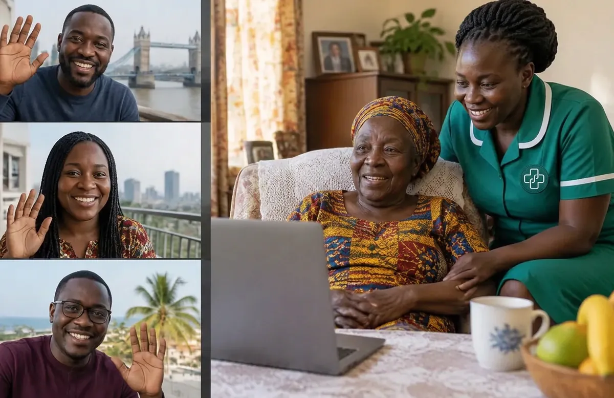 An older Ghanaian woman and her nurse video calling family members abroad