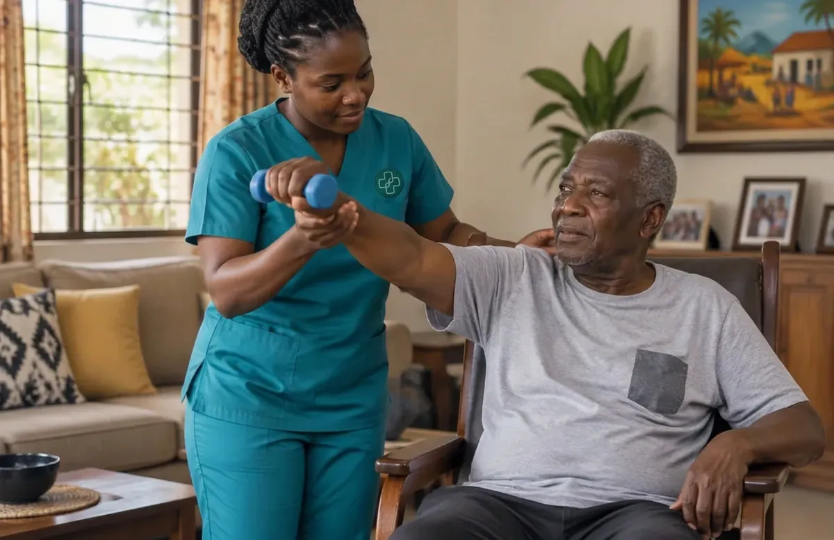 A Ghanaian rehabilitation nurse guiding an older man through an arm exercise at home