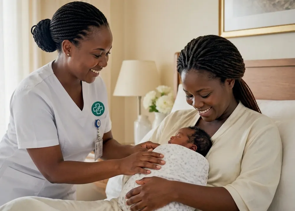 A nurse assisting a new mother holding her newborn baby at home