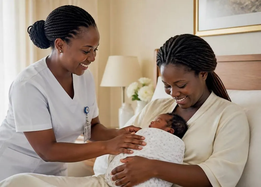A nurse assisting a new mother holding her newborn baby at home
