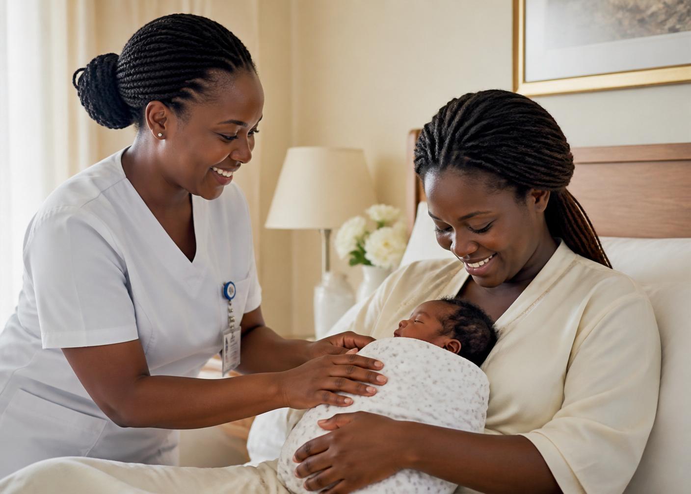A nurse assisting a new mother holding her newborn baby at home
