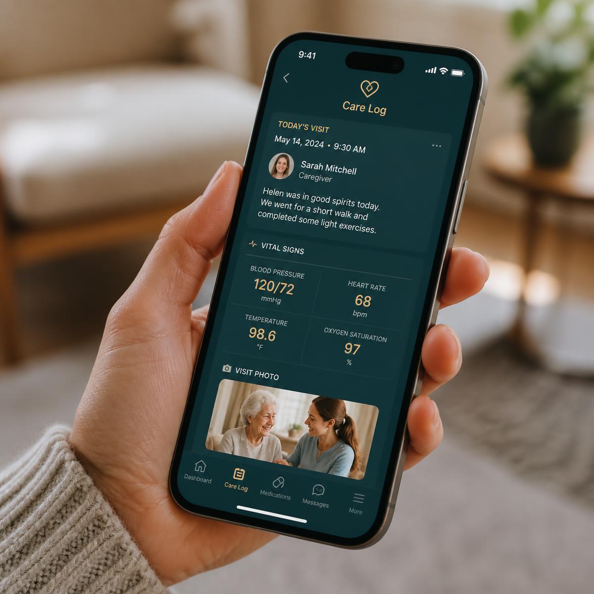 The TrueNurse Care portal on a phone showing a timestamped visit record