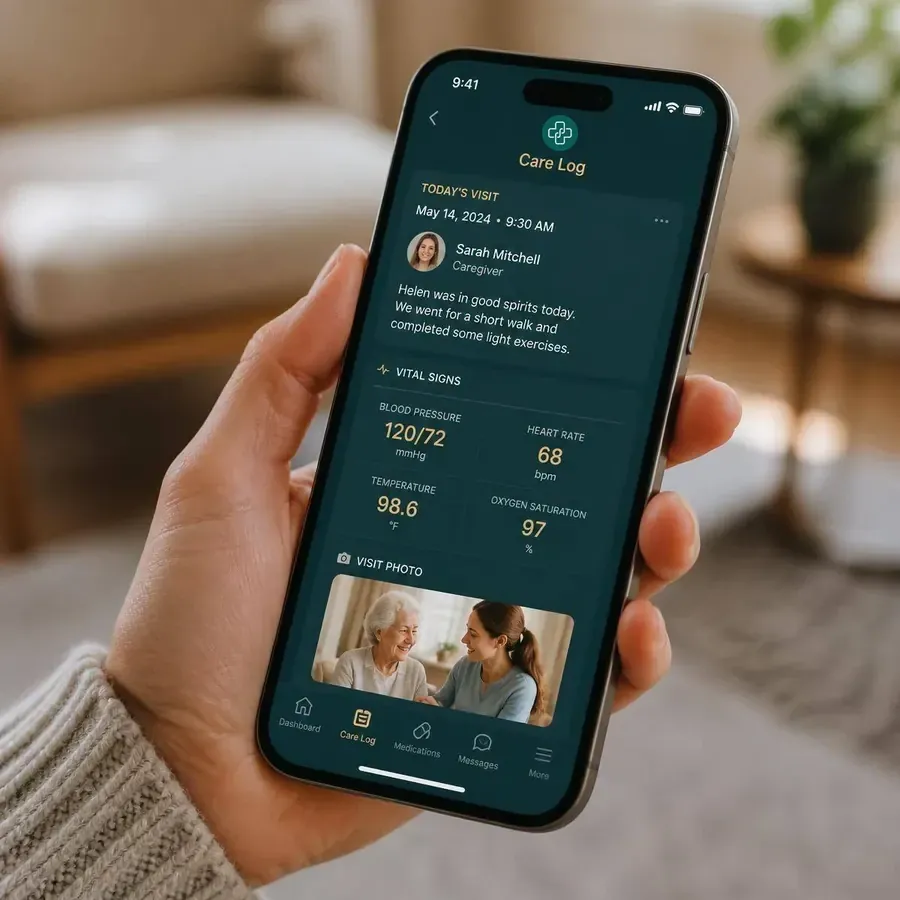 A phone showing a timestamped TrueNurse Care visit log with vital signs and a photo