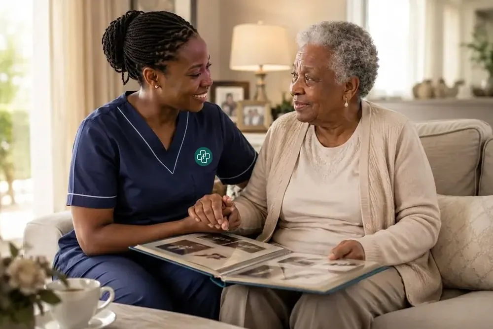 A nurse looking through a family photo album with an elderly woman at home