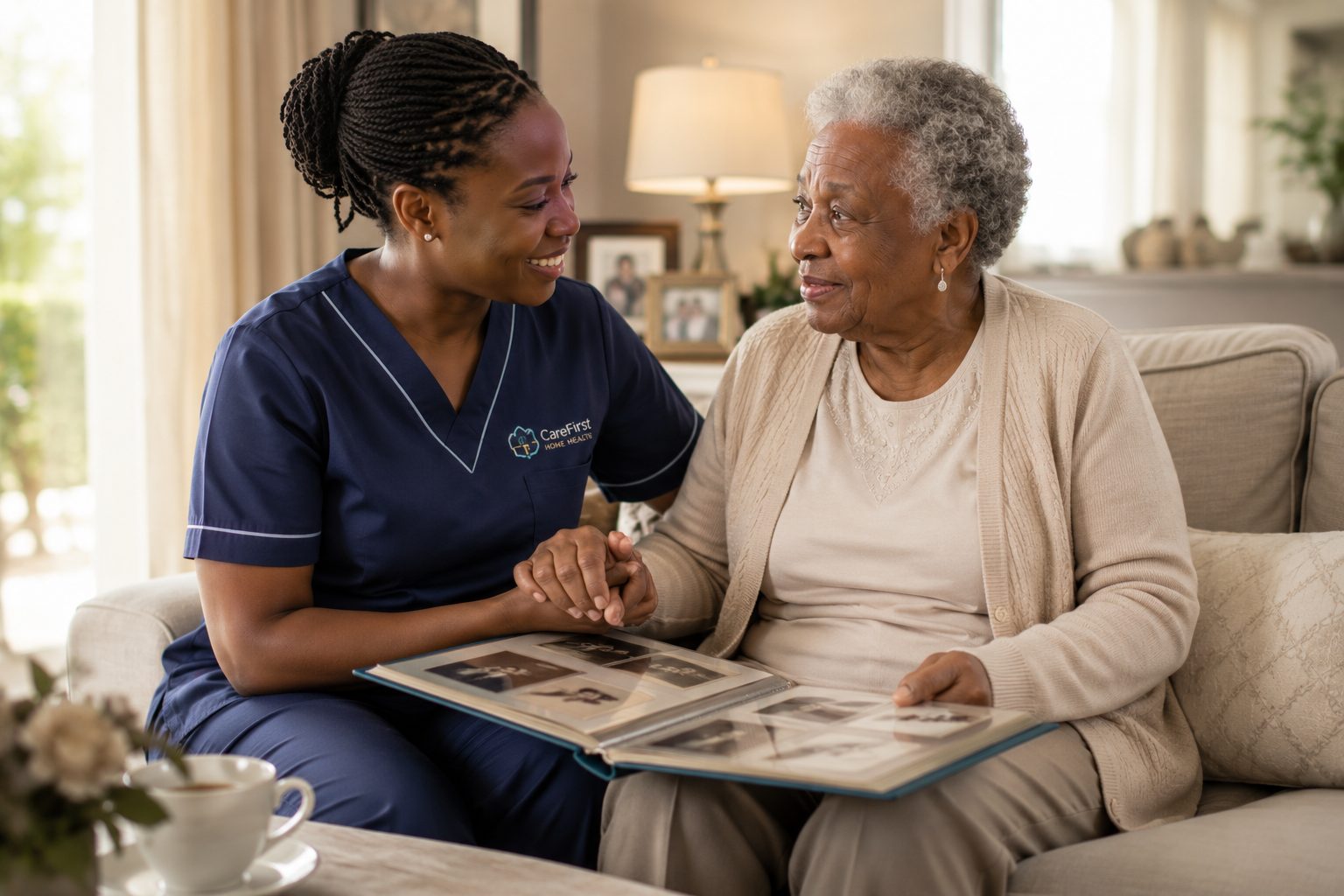 A nurse looking through a family photo album with an elderly woman at home