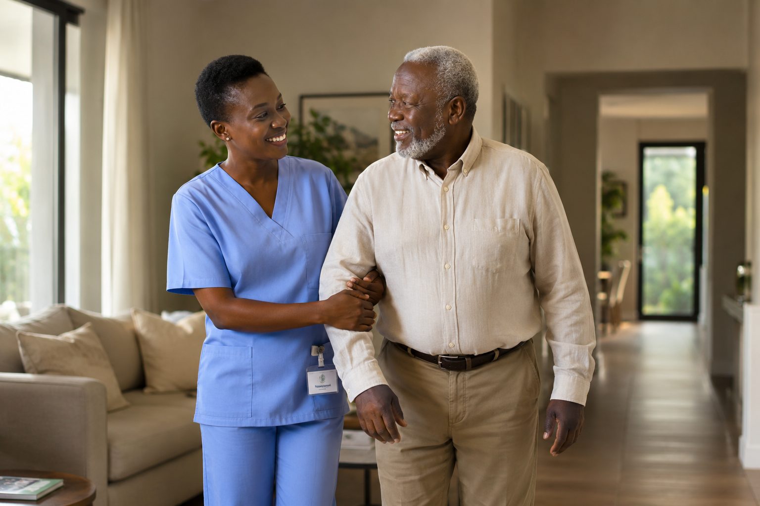 A nurse walking arm in arm with an elderly Ghanaian man through his home