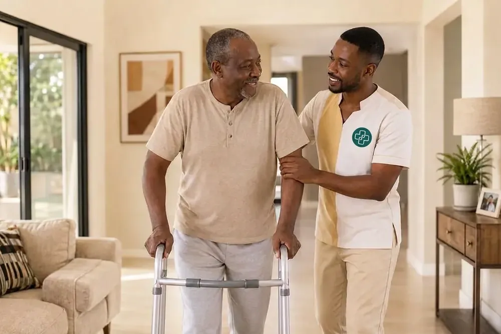A nurse supporting an older man walking with a frame in his home hallway