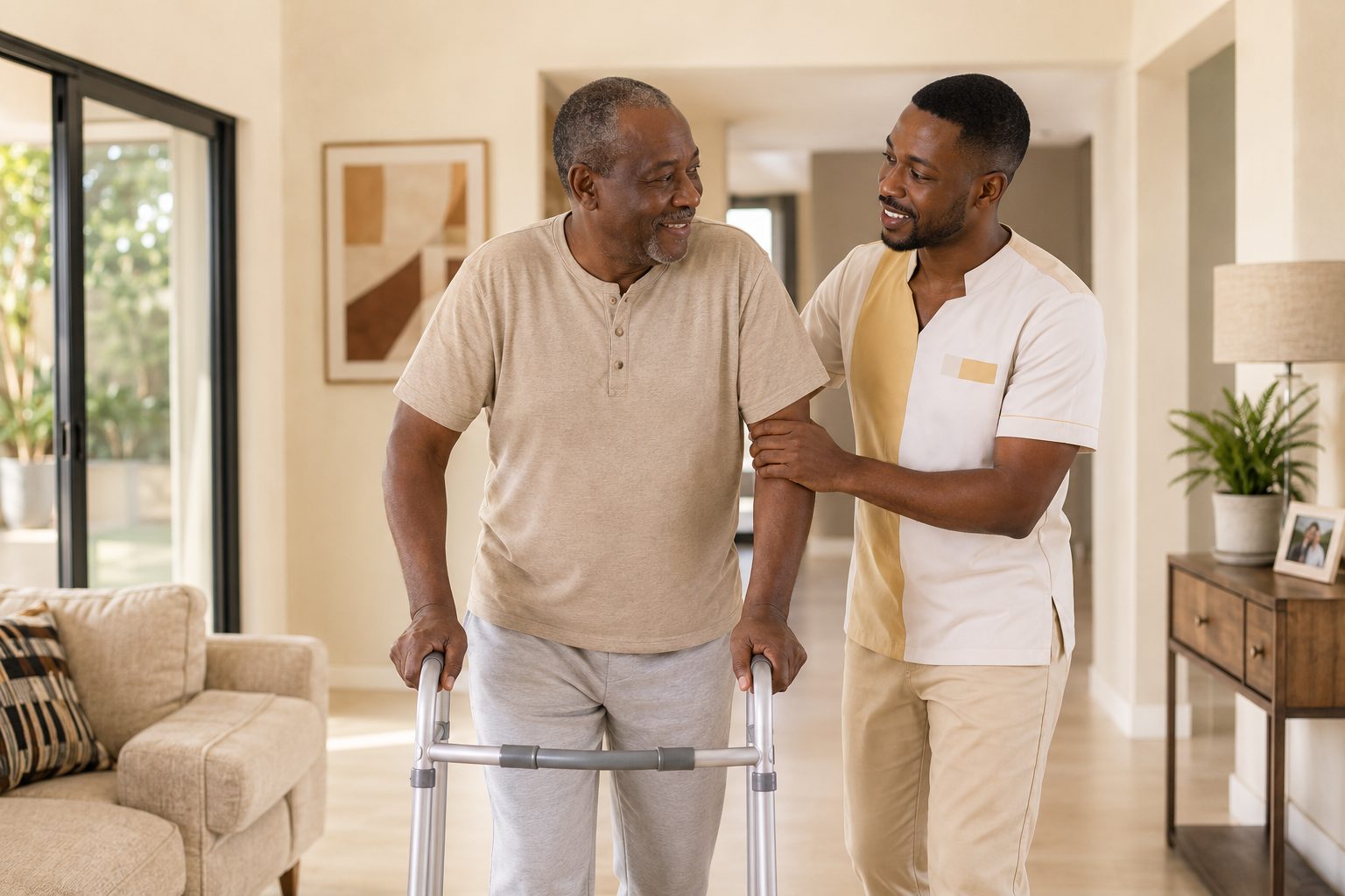 A nurse supporting an older man walking with a frame in his home hallway