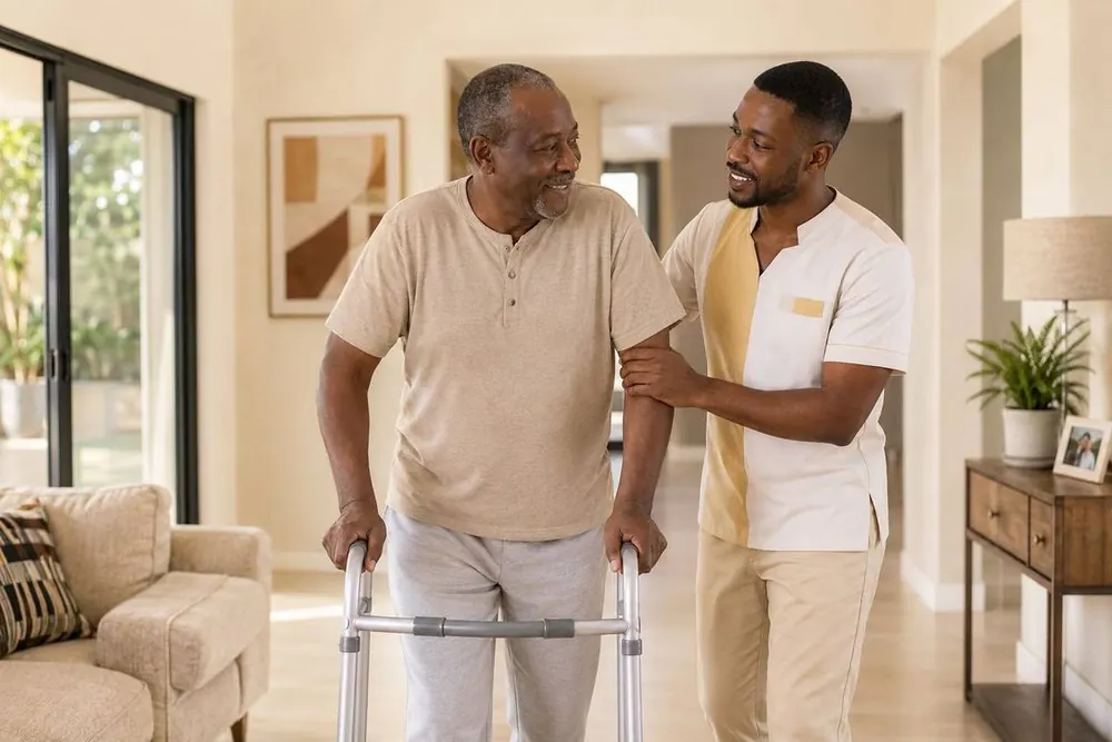 A nurse supporting an older man walking with a frame in his home hallway