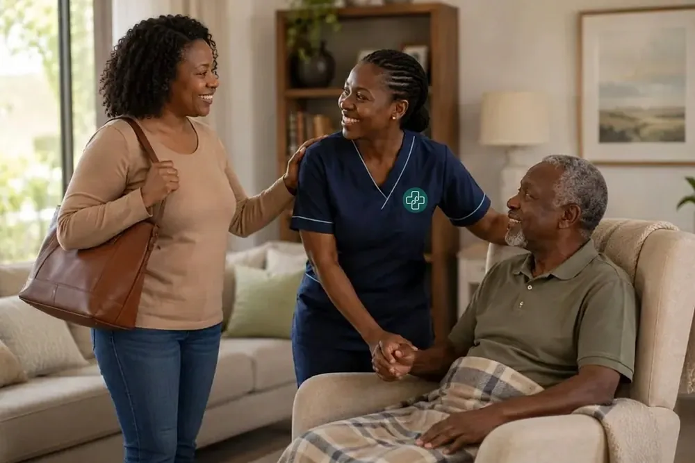 A nurse greeting a family member as she takes over care duties at home