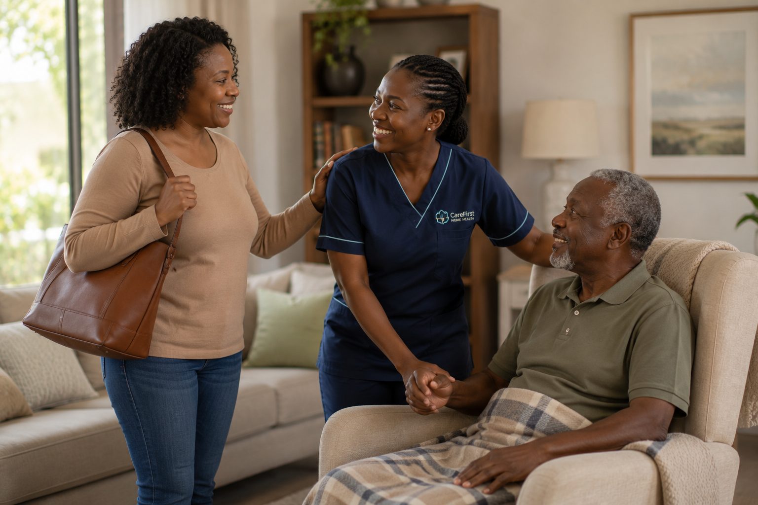 A nurse greeting a family member as she takes over care duties at home