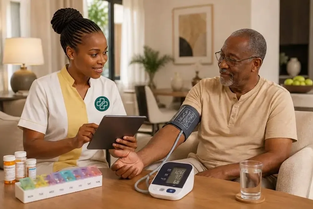 A nurse recording blood pressure and medication for an elderly patient at home