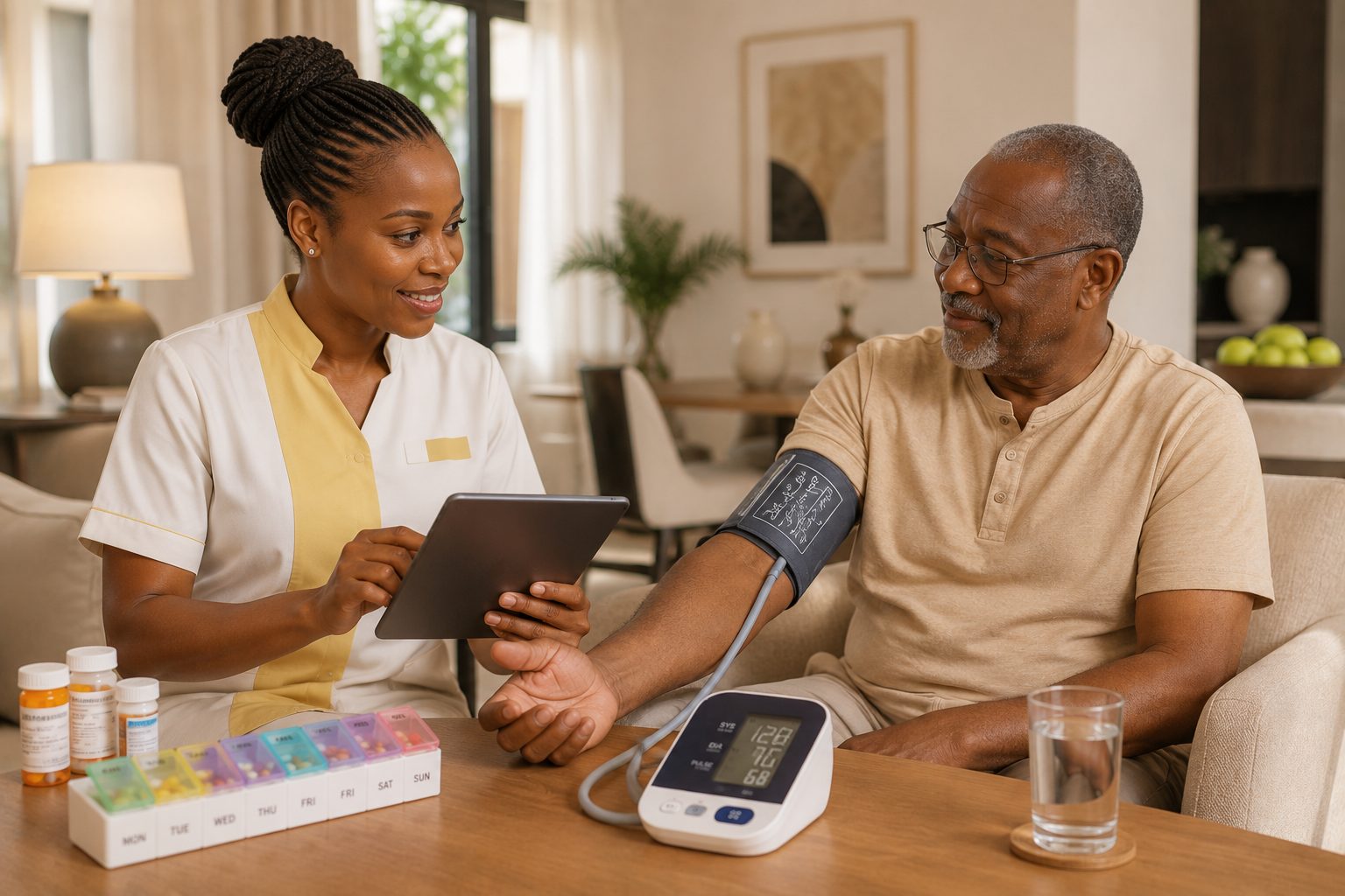 A nurse recording blood pressure and medication for an elderly patient at home